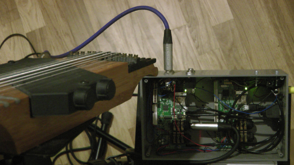 Exposed Axoloti boards feeding on a Chapman Stick audio signal