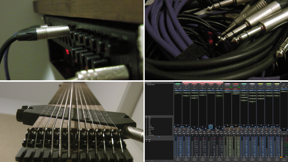 Collage of cables, a rack-mounted USB audio interface, a Chapman Stick, and a screenshot of Ardour