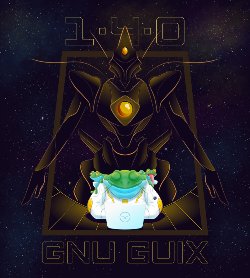 A happy frog sitting at a Guix-powered computer with an almighty benevolent Guix humanoid in its back.